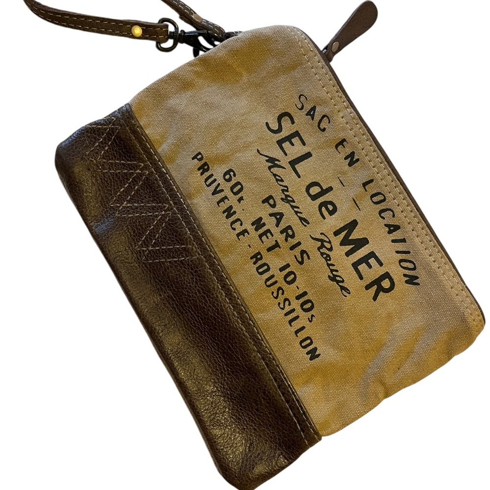 Myra Florentis Sel de Mer Pouch Travel Recycled Canvas And Leather Bag 9” X 7”
